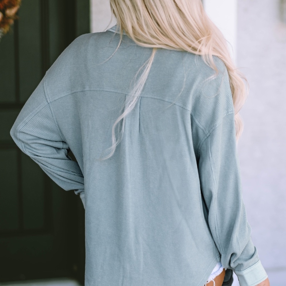 Sky Blue Waffle Knit Pocketed Button-Up Shacket - Picture 8 of 16